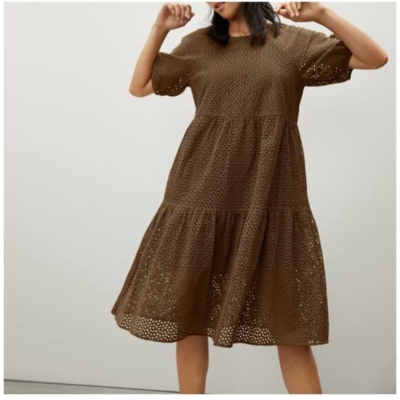 Everlane The Tiered Eyelet Dress Midi Cotton Walnut Brown Short Sleeve Sz Small - Picture 4 of 9